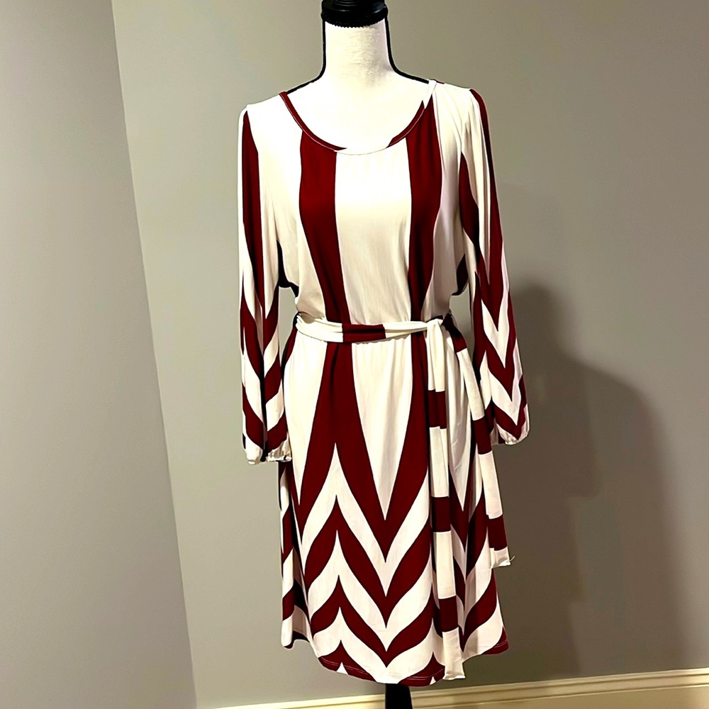 Red and White Wrap Dress with Tie Front and Crew Neck